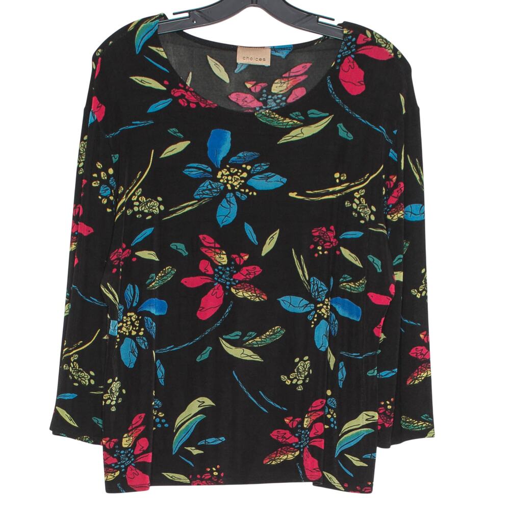 Vintage Top 3/4 Sleeve Dark Floral Slinky Boho Cottage 90s Tropical Black Sz XXL